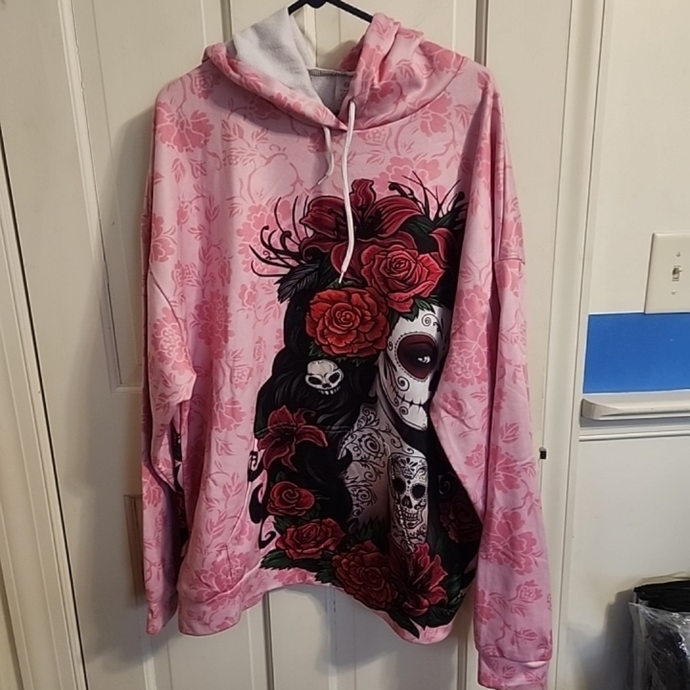 Pink Floral Pink Hoodie Sweatshirt with Day of the Dead Design XXL / 2X